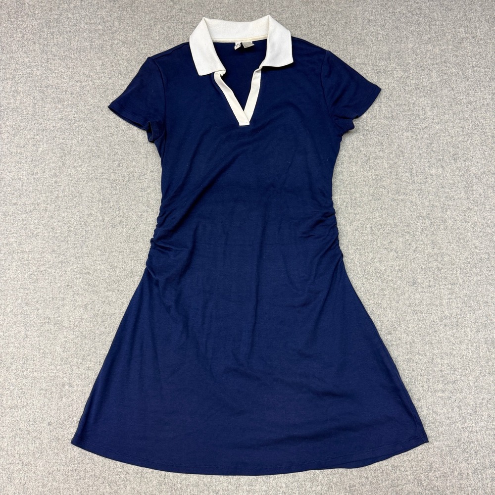 H&M Divided Polo Dress Size Medium Navy Blue White Ruched Side Short Sleeve Cott